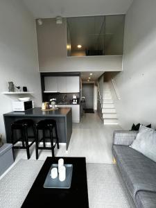 万塔Cozy Penthouse Loft - Near The Airport的带沙发的客厅和厨房