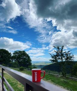 博伊什瓦拉Cabana Refugiu Montan的坐在天空的 ⁇ 上,一个红咖啡杯