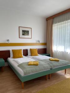 蒂豪尼Hello Balcsi Apartmanház的一间卧室配有一张带黄色枕头的床。