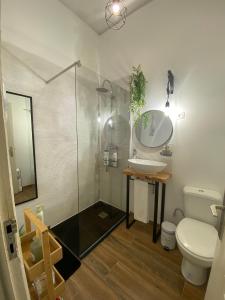 里斯本Casa do Mocho II的带淋浴、盥洗盆和卫生间的浴室