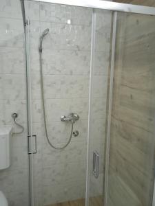 ObrenovacHappy Day的浴室里设有玻璃门淋浴