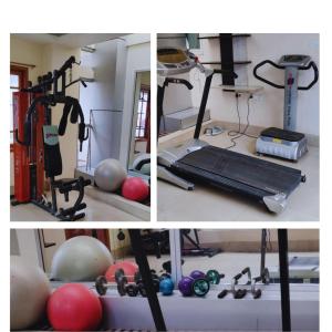 因帕尔Iranyai Homestay的健身房四张照片,带有跑步机和球