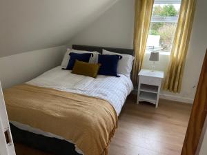 穆林加尔Harry’s place的一间卧室配有一张带蓝色枕头的床和一扇窗户。