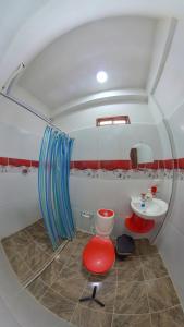 帕洛米诺Hostal Grand Park Palomino的一间带水槽、卫生间和镜子的浴室