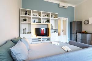 米兰[Duomo/Navigli] Casa Elegante in zona Tortona的客厅配有蓝色的沙发和电视