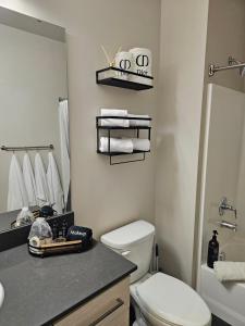 西雅图Chic Queen Anne Retreat的浴室配有白色卫生间和盥洗盆。