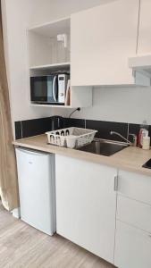 布雷斯特Studio calme et discret的白色的厨房配有水槽和微波炉