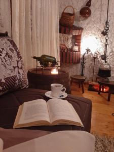 威尔帕扎Sailor's Rustic House的一张坐在沙发上的开放式书,上面放着一杯咖啡