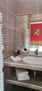 费里切托Maison avec jacuzzi au cœur des montagnes的浴室配有盥洗盆、镜子和毛巾