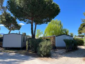 滨海阿热莱斯Mobil home Petit Paradis, 6 personnes, Bord de mer, Camping Del Mar Village的两所小房子在院子里,有一棵树