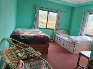 图利凯尔Tashidelek Guest Lodge & House山林小屋的一间卧室设有两张床和窗户。