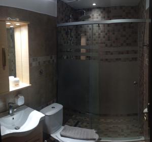 弗赖Kasos Palace的带淋浴、卫生间和盥洗盆的浴室