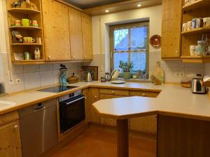 MaierhofFerienhaus Brühler的厨房配有木制橱柜、水槽和洗碗机。