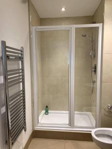 利兹Large Private Flat in City Centre Leeds的带淋浴、浴缸和卫生间的浴室