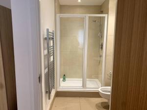 利兹Large Private Flat in City Centre Leeds的带淋浴和卫生间的浴室。