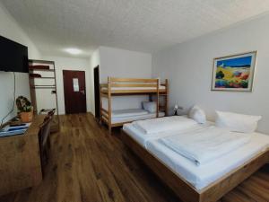 新乌尔姆索耐科勒酒店的一间卧室配有两张床和一张双层床。