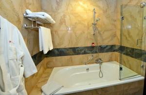 布拉索夫Hotel HP Tower One Brasov的带淋浴和浴缸的浴室,配有玻璃门