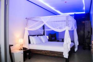 KaragariKingfisher Resort-Muhazi的卧室配有白色的天蓬床和灯
