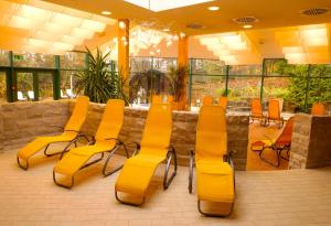 巴特基辛根索奈胡格酒店的餐厅设有黄色的椅子和桌子以及窗户。