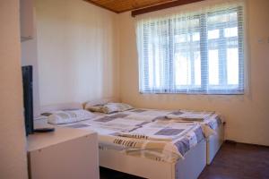 奥赫里德Luccia Apartments - Country House at Monastery Saint Naum的一间卧室设有两张床和窗户。