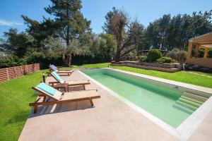 达西亚Spyrelia Villa with Private Pool & Outdoor Hot Tub的庭院旁的游泳池,带躺椅