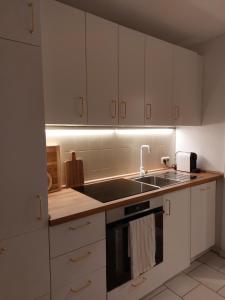 罗斯托克Hyggelige und zentrale Eigentumswohnung的厨房配有白色橱柜和水槽