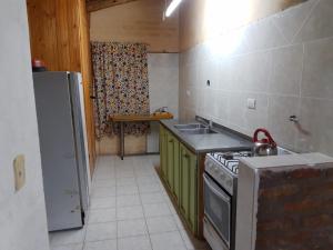 波特雷里约斯Lo de Quebu Cabaña en la Montaña的厨房配有炉灶、水槽和冰箱。