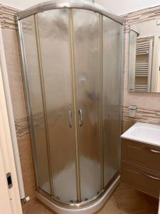 法诺Casetta sul Mare的浴室里设有玻璃门淋浴