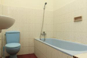 图克图克SONY COTTAGE的浴室配有蓝色卫生间和浴缸。