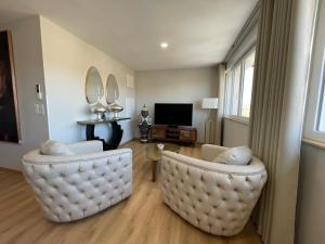 阿尔比YVES SAINT LAURENT/ COCO CHANEL的客厅配有两把白色椅子和电视