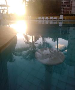 卡贝德卢Hotel Victory flat的阳光反射在水中的游泳池