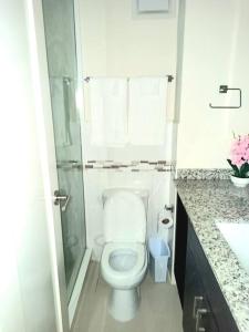 波特莫尔Bay Front Apt 208的白色的浴室设有卫生间和淋浴。