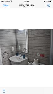 普罗塔拉斯Maria Holiday Apartments的一间带水槽、卫生间和镜子的浴室