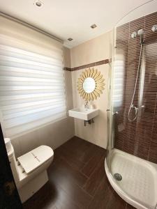 乌迪亚莱斯堡Villa OLYMPIA的浴室配有卫生间、盥洗盆和淋浴。