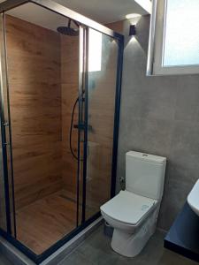 斯科普里Bohemian Home的一间带卫生间和玻璃淋浴间的浴室