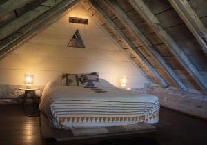 Historic 1850's Cosmic Cabin的阁楼上的卧室配有一张大床
