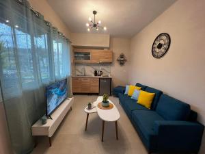波托什Veni's Apartments的客厅配有蓝色的沙发和电视