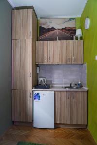 尼什Apartment Wonderland的厨房配有木制橱柜和白色冰箱。