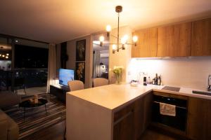 圣地亚哥Luxury apartment 37th floor en distrito de lujo的一个带厨房岛的厨房和一间客厅