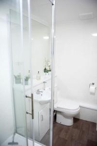 剑桥King's Central Cambridge Apartment的白色的浴室设有卫生间和水槽。