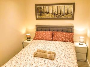BlakeneyBadgers Sett 2 Bedroom sleeps 4, The New Inn Viney Hill, Forest of Dean的一间卧室配有一张带2个床头柜和2盏灯的床。