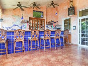 博卡奇卡Gone Fishing Panama Resort的厨房设有酒吧,配有木椅和蓝色瓷砖