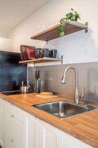哈利法克斯Modern Contemporary 2 Bedroom Suite的厨房配有不锈钢水槽和木制台面