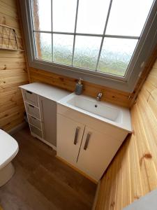 惠特比Keepers Shepherd hut with Hot Tub的一间带水槽和窗户的浴室