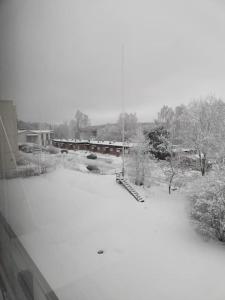 黑诺拉Toimiva kodikas yksiö的雪覆盖的院子,后面有火车