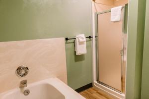 尤金The Maverick Hotel Eugene near University的带淋浴和白色盥洗盆的浴室
