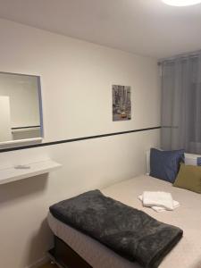 维勒班Résidence Zola 2的卧室配有一张床,墙上设有镜子