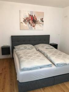 阿特尔高地区圣格奥尔根Appartement Attergau的一张床上有两个枕头的房间