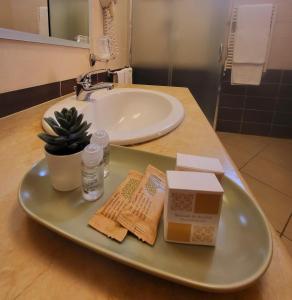 卡迪里翁西塞尔费德里科伊尔酒店的带水槽的浴室台面和装有盒子的托盘