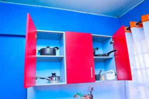 MaragoliCozier Domicile Apartments的红色的厨房橱柜,上面有锅碗瓢盆